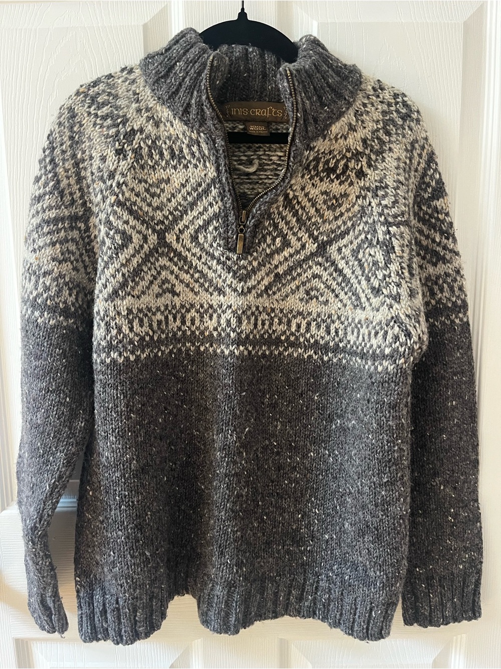Inis Crafts Wool Half-Zip Fair Isle Sweater in Gray and Cream